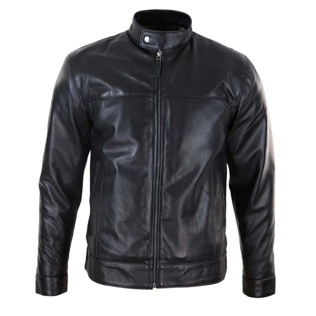 Men's pre-washed leather jacket-Men's Classic Zip Leather Jacket Nehru Grandad Collar Biker Style