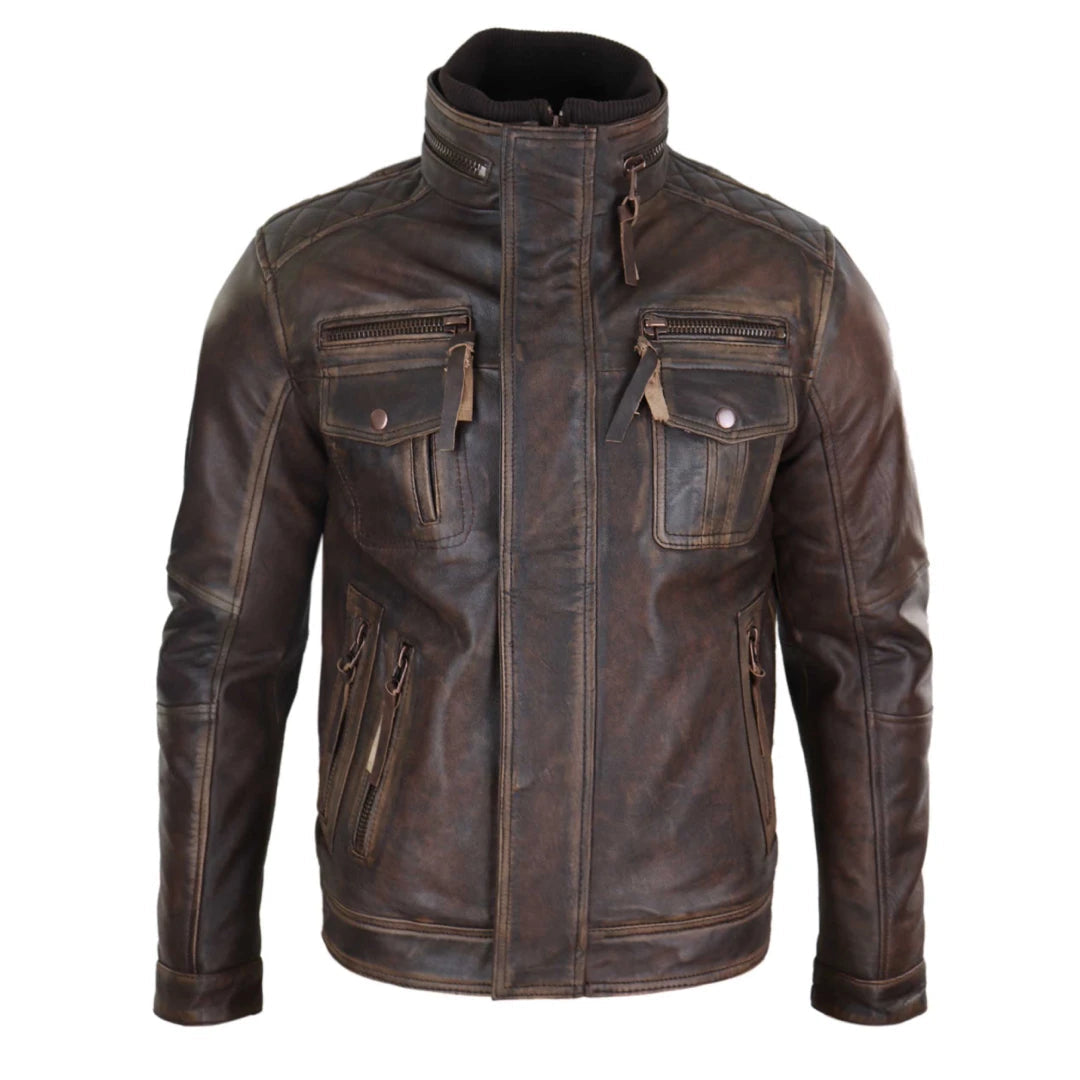 Men's modern utility jacket-Men's Distressed Leather Biker Jacket Brown