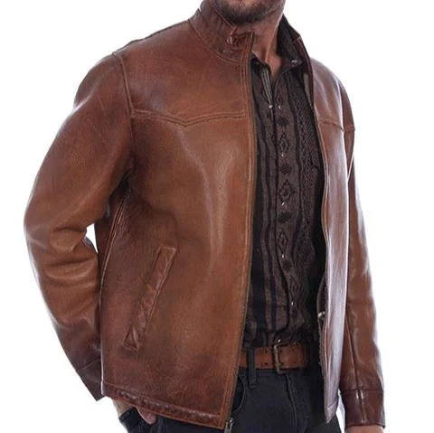 Men's versatile leather jacket-Scully Men's Distressed Leather Sherpa Lined Jacket in Cognac