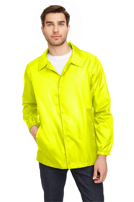 Men's relaxed fit fleece jacket-Team 365 Mens Zone Protect Water Resistant Snap Down Coaches Jacket - Safety Yellow