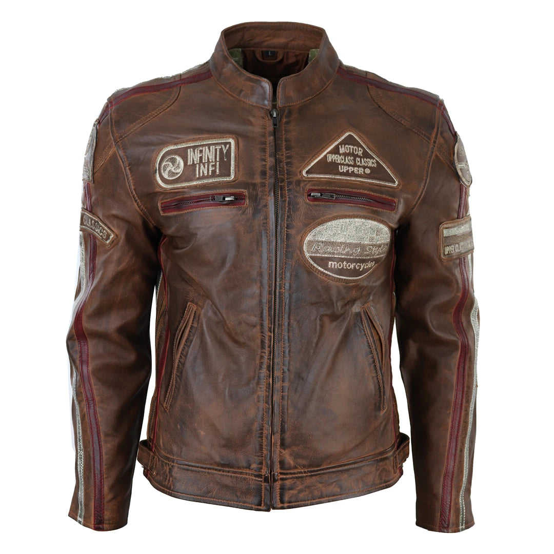 Men's pre-washed leather jacket-Men's Zipped Biker Leather Jacket