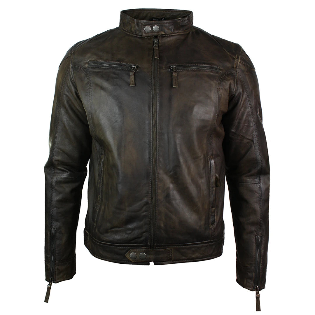 Men's quick-dry puffer jacket-Men's Distressed Brown Wine Leather Jacket Biker