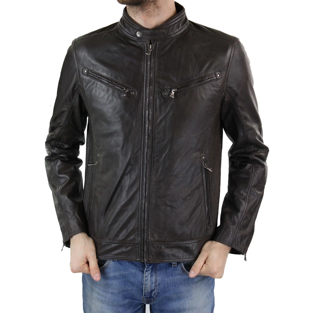 Men's summer trench coat-Men's Zipped Leather Biker Jacket Black Tan Brown