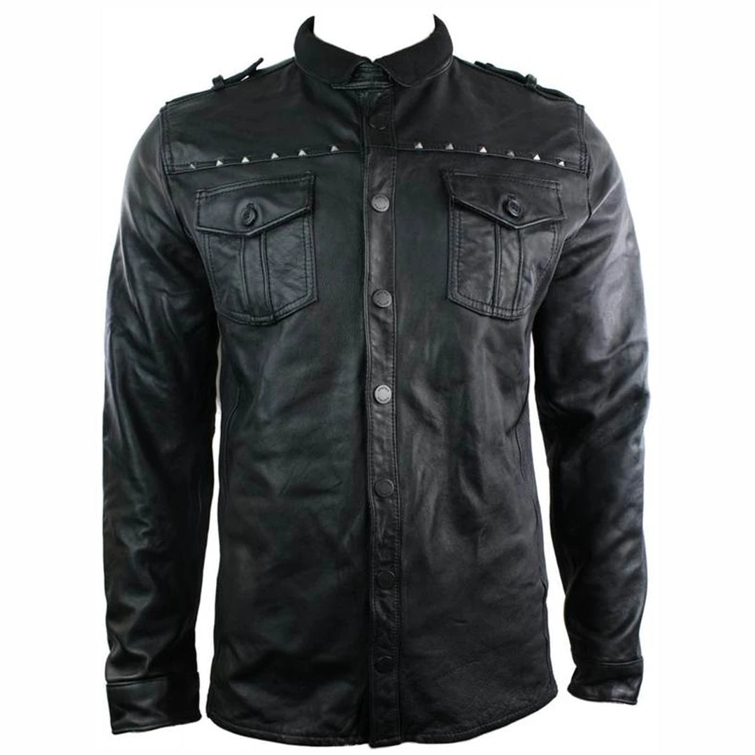 Men's comfortable utility jacket-Men's Tailored Fit Vintage Leather Shirt Retro Stud Style Jacket Black Casual