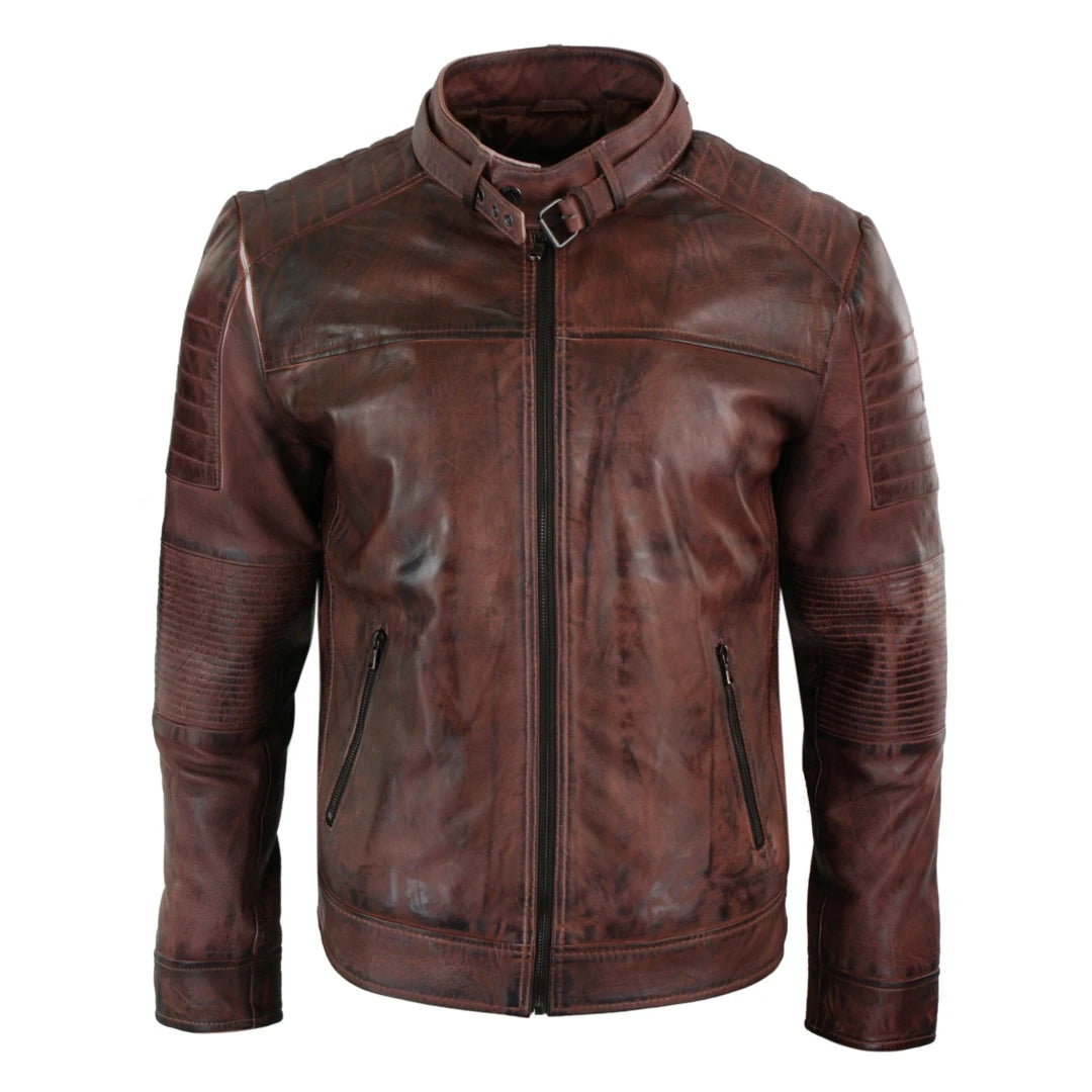 Men's lightweight leather jacket-Men's Brown Leather Cross Zip Biker Racer Fitted Jacket