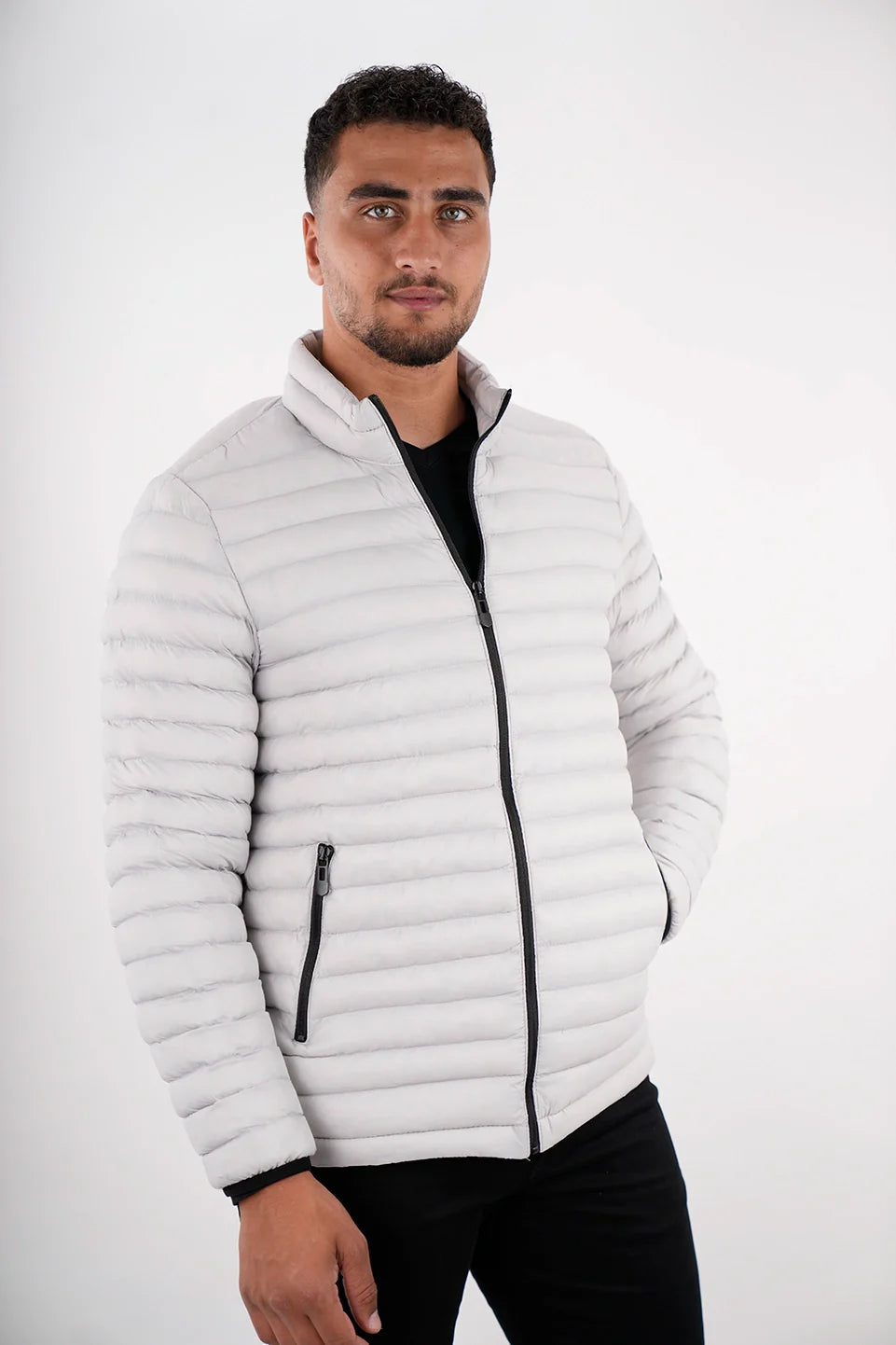 Men's non-iron leather jacket-Light Grey Puffer Jacket With Zipper To Close