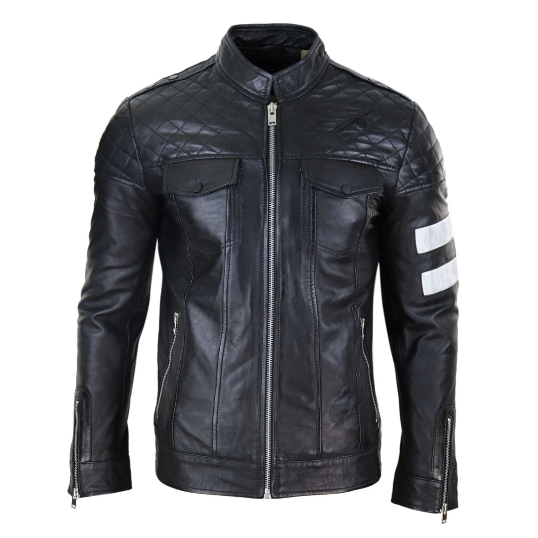 Men's relaxed fit bomber jacket-Men's Leather Racing Jacket Biker Zipped Napa Stripes Black White