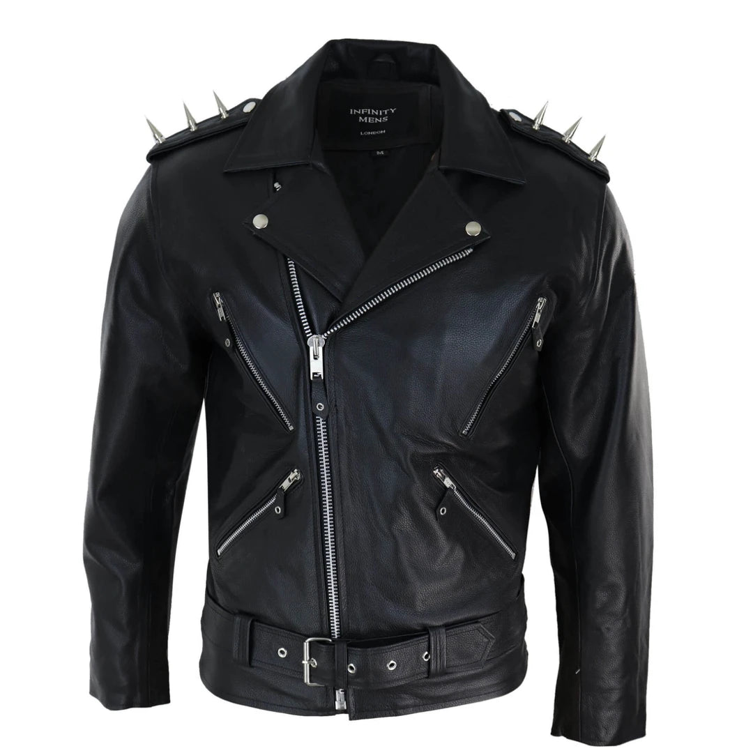 Men's versatile trench coat-Men's Spike Hide Original Cross Zip Brando Biker Motorcycle Leather Jacket