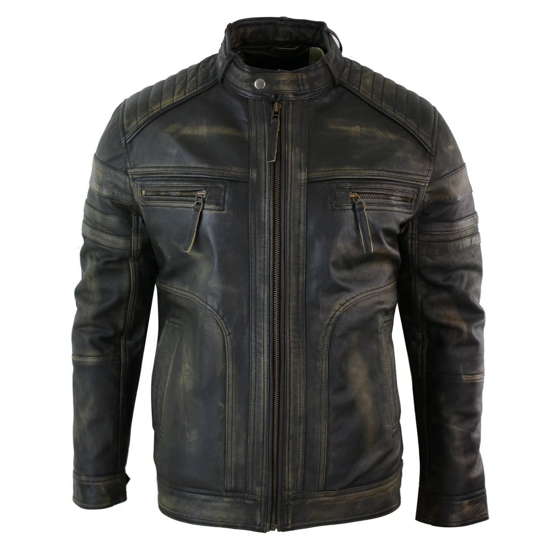 Men's quick-dry puffer jacket-Men's Black Brown Biker Leather Jacket Distressed Zipped