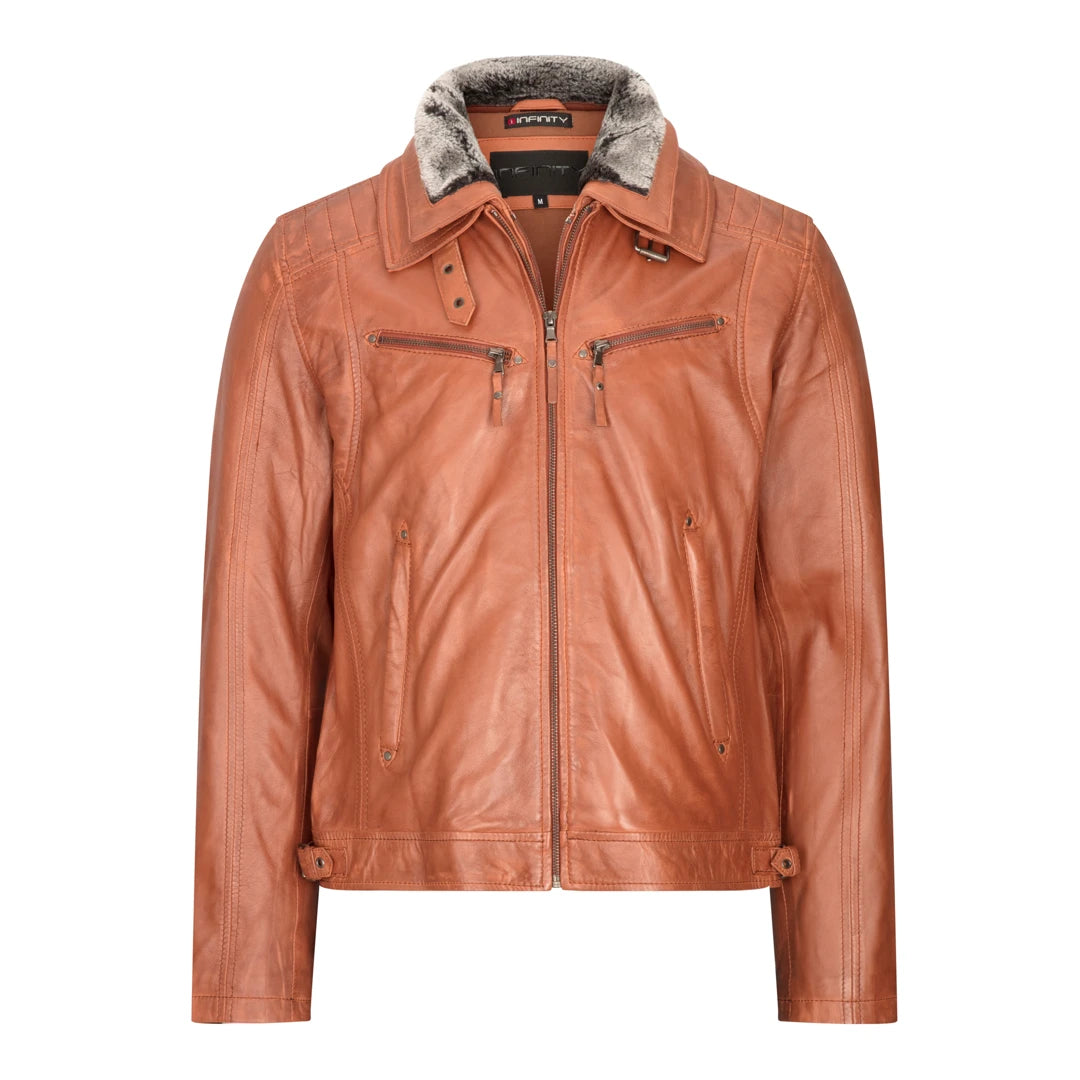 Men's antibacterial utility jacket-Men's Washed Rust Tan Brown Removable Fur Collar Leather Jacket Zipped