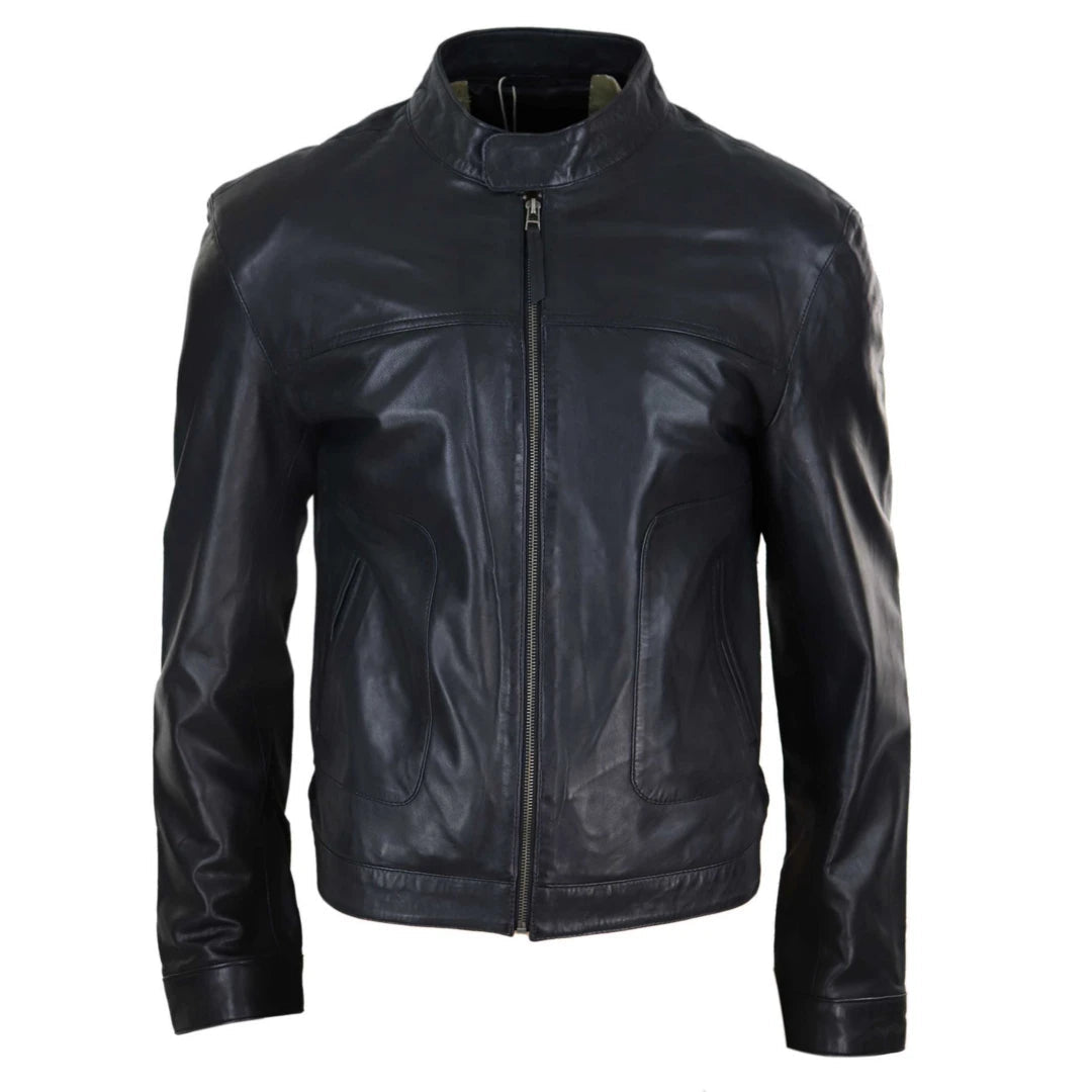 Men's high-stretch softshell jacket-Men's Classic Leather Biker Jacket Collarless