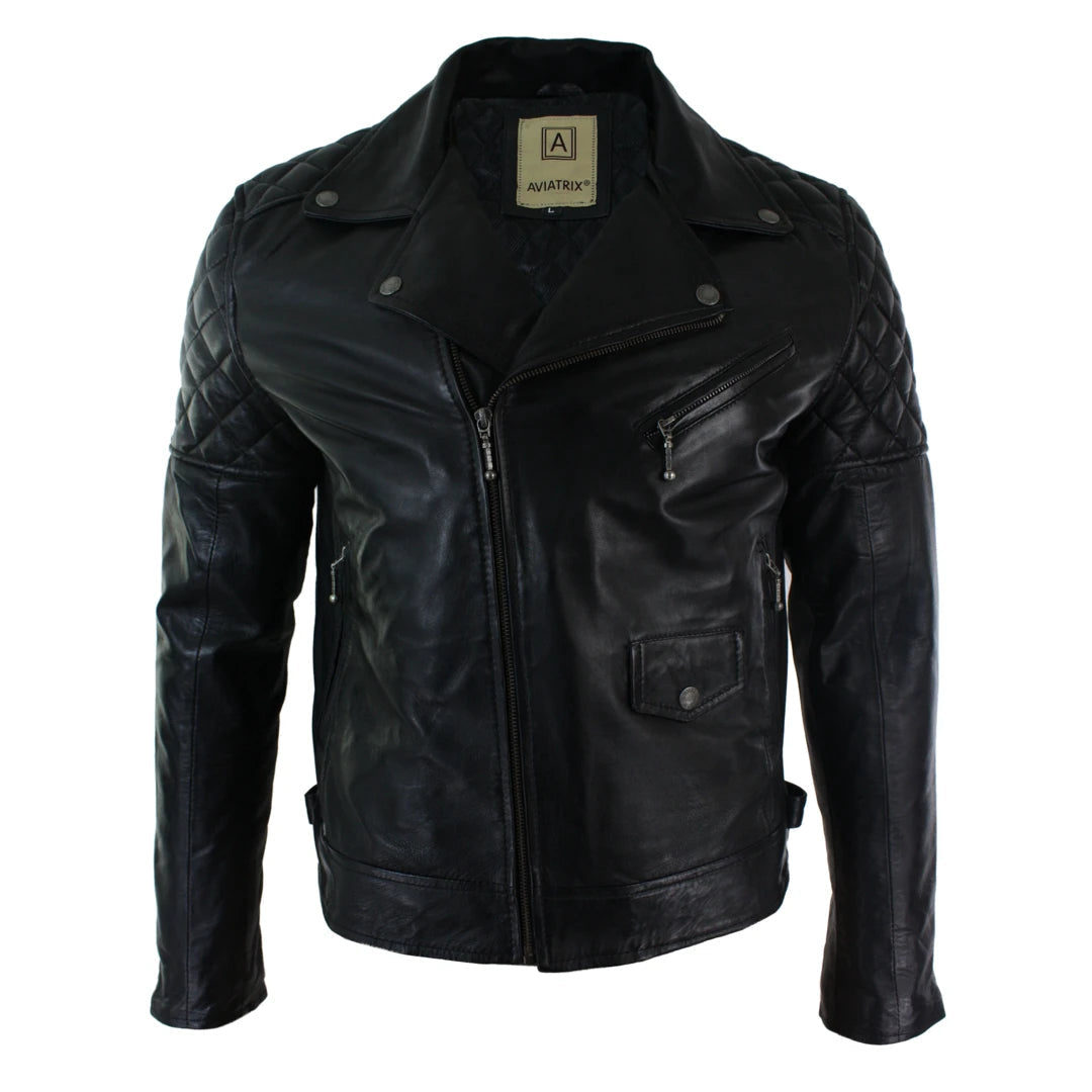 Men's breathable leather jacket-Men's Washed Brown Black Leather Biker Jacket Cross Zip