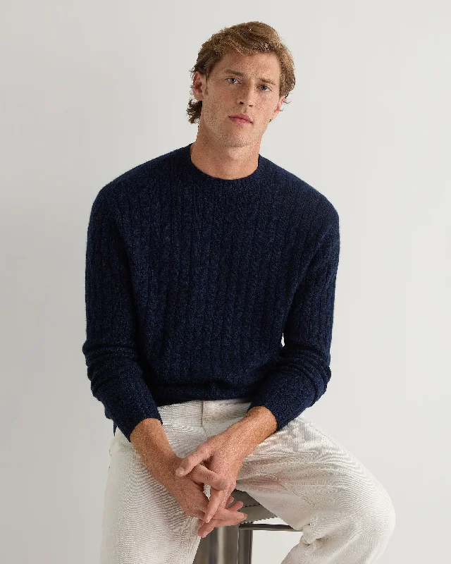 Men's summer knitwear-Men's Thames Cable Round Neck Cashmere Sweater Navy Blue Melange