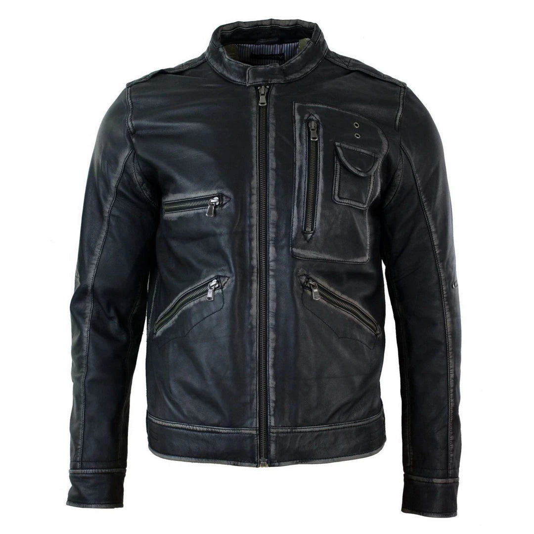 Men's versatile trench coat-Men's Biker Motorcycle Distressed Brown Bomber Winter Leather Jacket