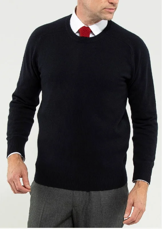 Men's silk blend sweater-Alan Paine Sweater - Navy Dorset Lambswool Saddle Shoulder Crew Neck Sweater - Classic Fit