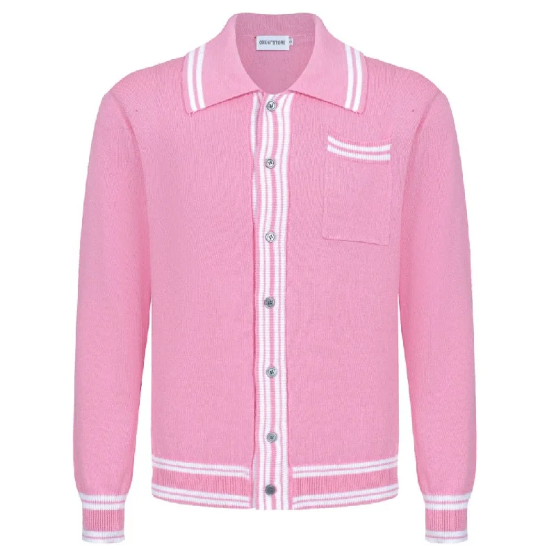 Men's versatile casual polo shirt-Men's Pink Knitted Long Sleeves Polo With Apricot Lines