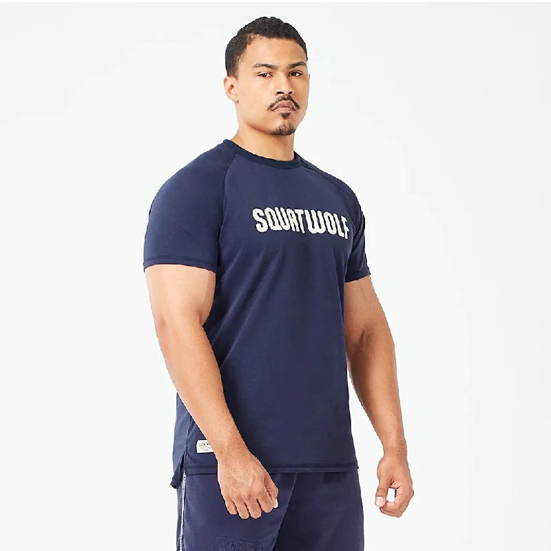 Men's heavyweight t-shirt-Golden Era Raglan Muscle Tee - Navy Graphic