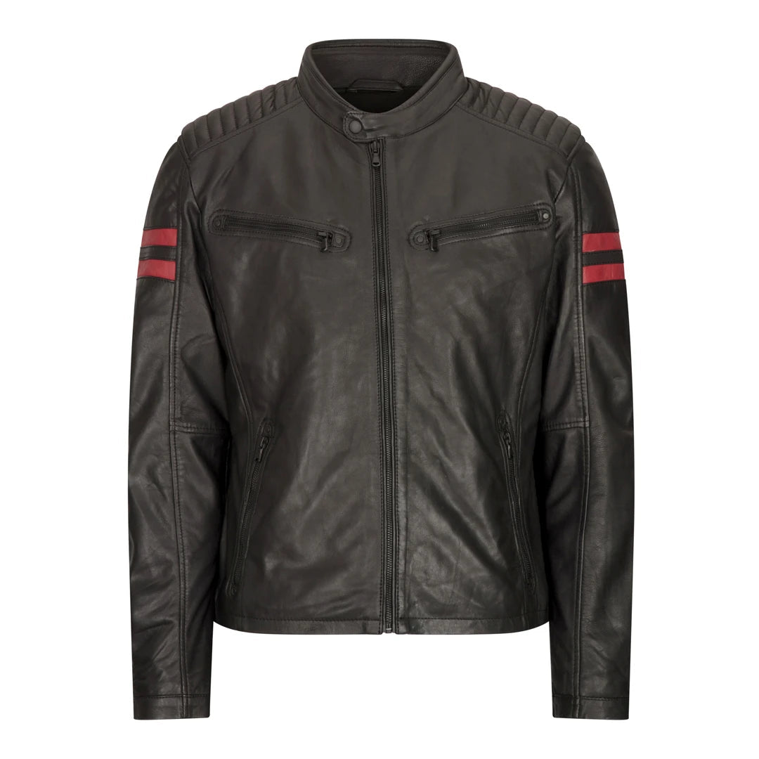 Men's quick-dry field jacket-Men's Leather Biker Racing Jacket Red Stripes Zip Black Short