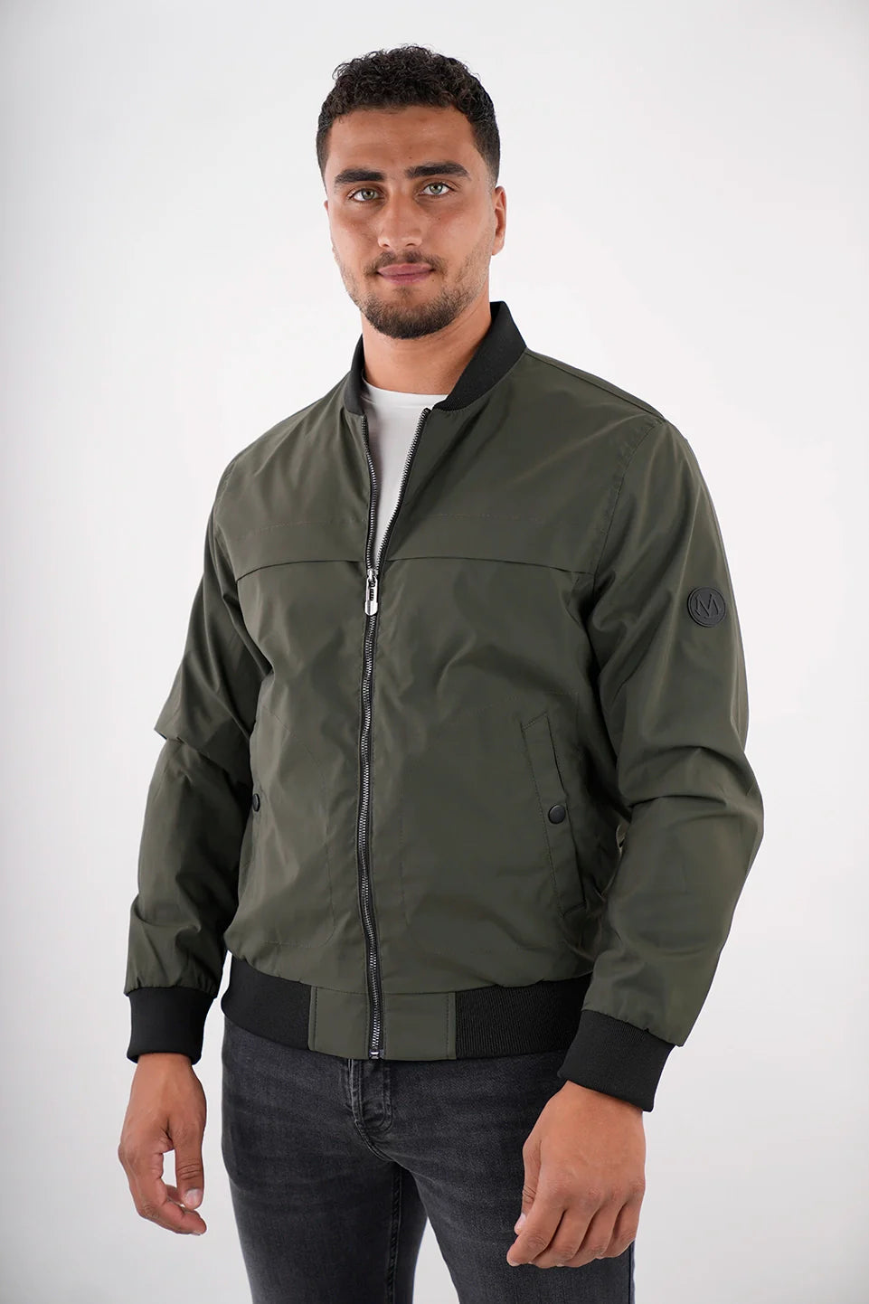 Men's sustainable puffer jacket-Khaki Bomber Jacket With Zipper To Close