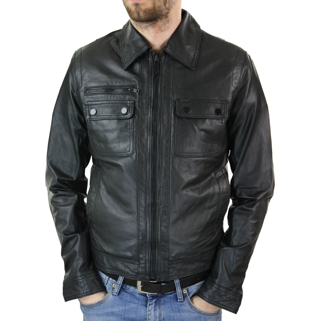 Men's tech-fabric bomber jacket-Men's Black Zip Classic Leather Short Jacket