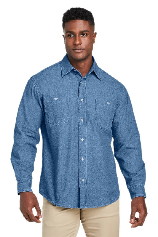 Men's high-stretch fleece jacket-Harriton Mens Button Down Denim Shirt Jacket - Light Denim Blue