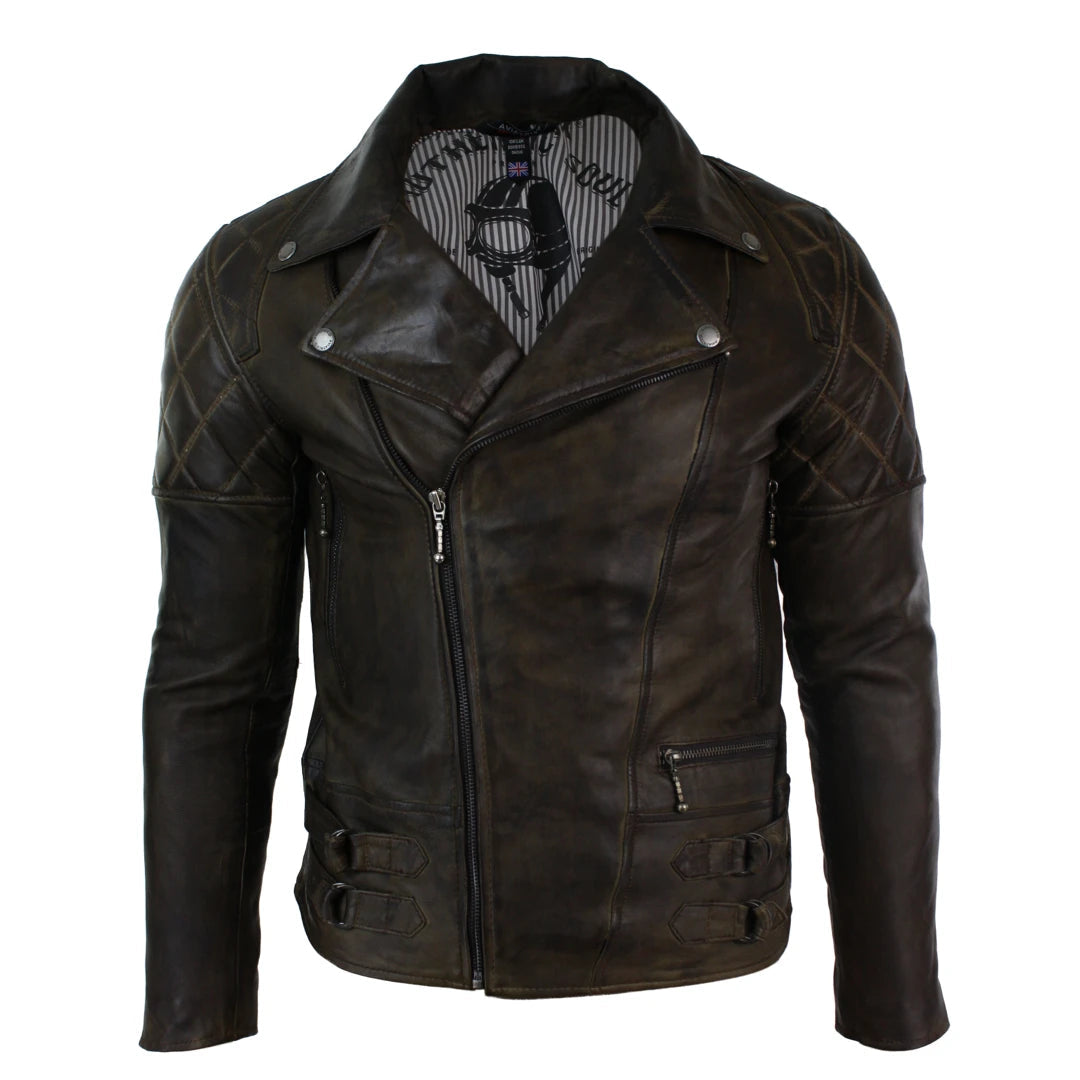 Men's eco-friendly fleece jacket-Men's Cross Zip Brown Biker Punk Rock Leather Jacket