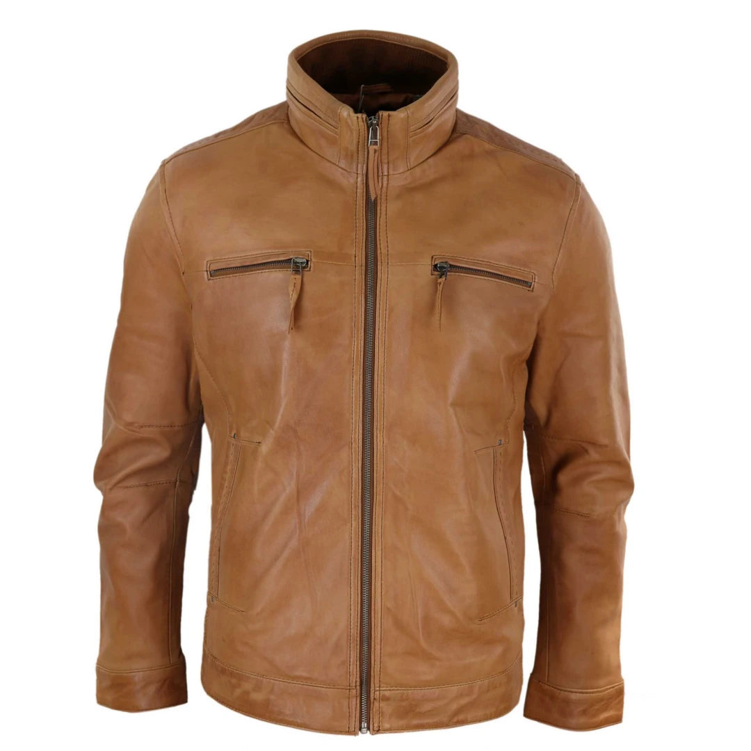 Men's performance field jacket-Men's Leather Jacket Zipped Biker High Collar