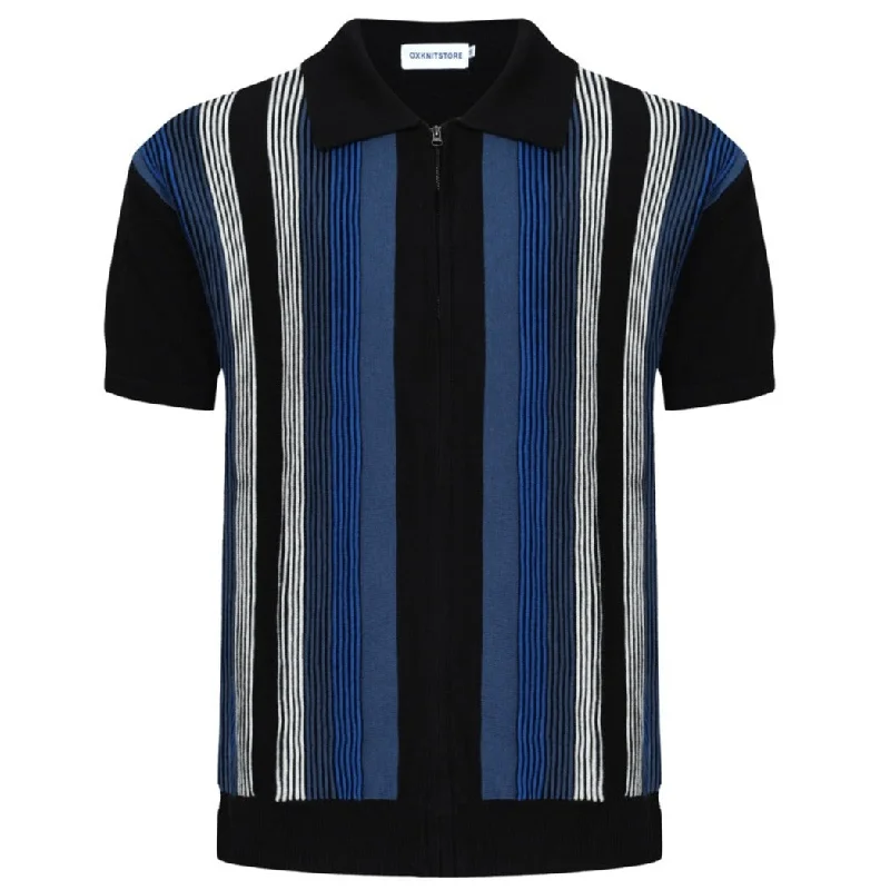 Men's antibacterial casual polo shirt-Men's Dark Blue Zip Knitted Polo Black & Gray Stripe Jacquard Panel