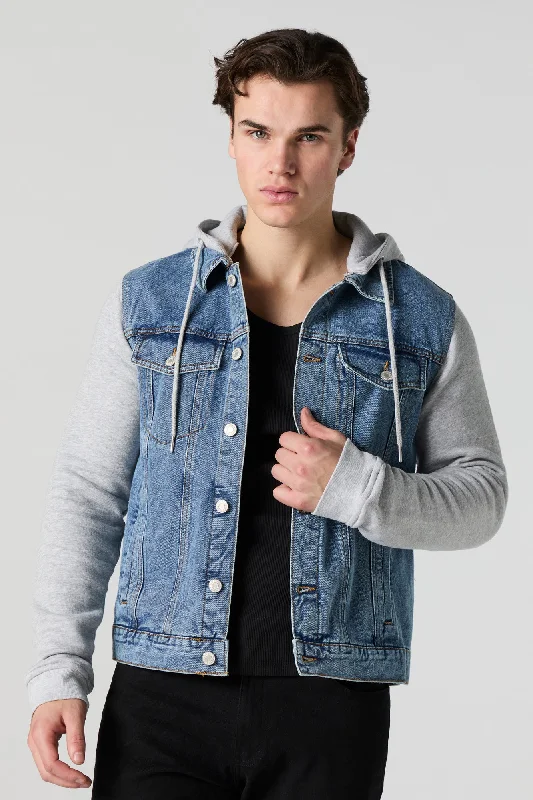 Men's comfortable leather coat-Hooded Fleece Denim Jacket