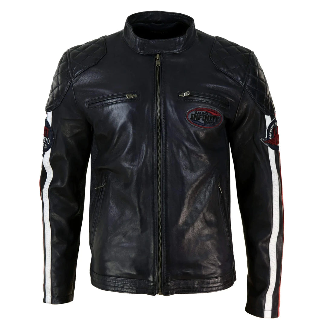 Men's weather-resistant trench coat-Men's Black Navy Brown Leather Racing Jacket Stripe Sleeves Moto Biker