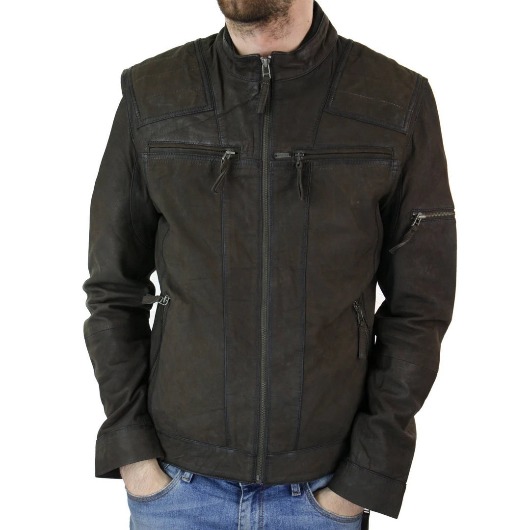 Men's summer puffer jacket-Men's Biker Motorcycle Distressed Brown Zip Short Leather Jacket Suede