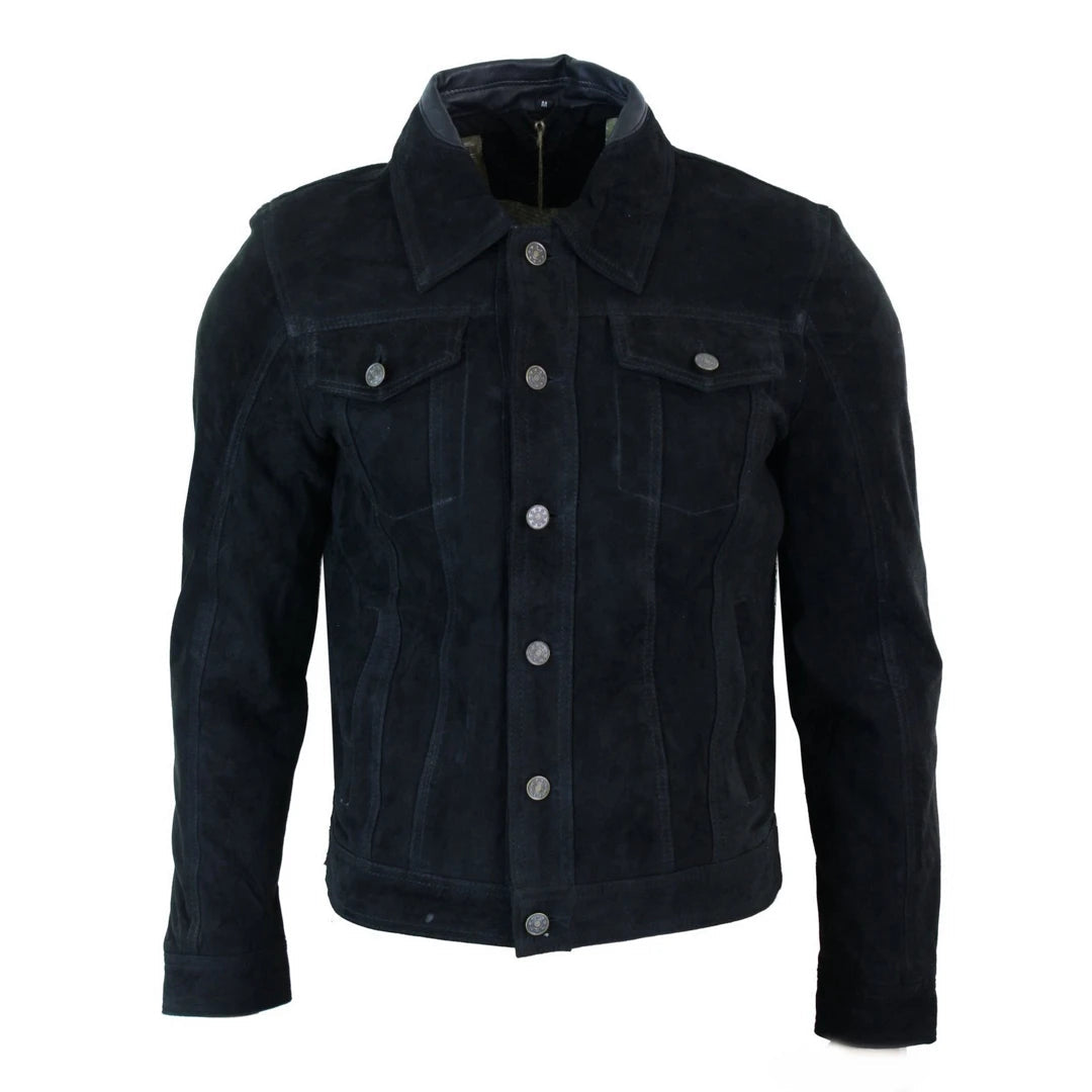 Men's summer puffer jacket-Men's Short Denim Suede Leather Jean Jacket