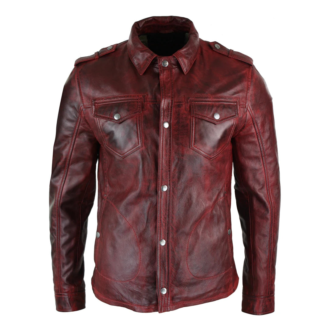 Men's breathable windbreaker-Men's Tan Timber Wine Red Washed Shirt Jacket Leather