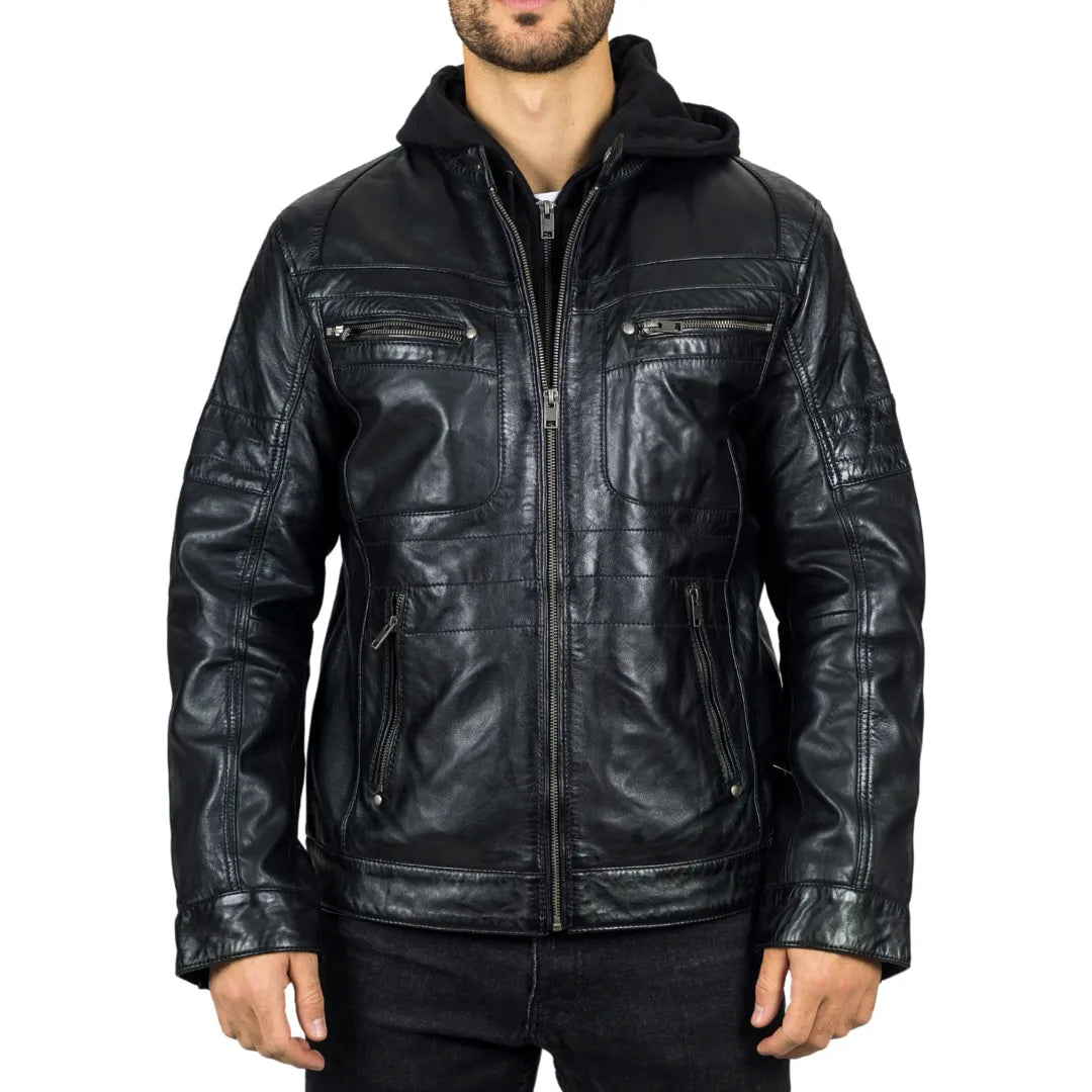 Men's eco-conscious puffer jacket-Men's Black Hooded Genuine Leather Biker Jacket