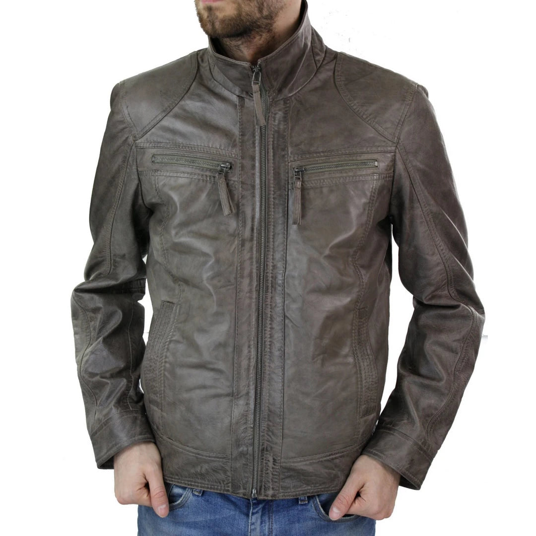 Men's weather-resistant windbreaker-Men's Grey Leather Jacket  Biker Box Style Zipped Casual Retro