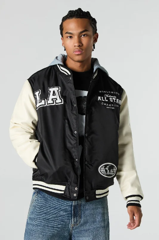 Men's sustainable leather jacket-LA Champions Embroidered Varsity Jacket