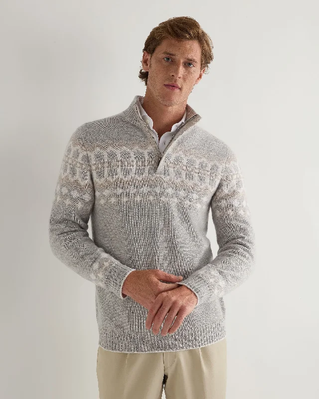 Men's yak wool sweater-Men's Jacquard Half Zip Cashmere Sweater Fumo Grey