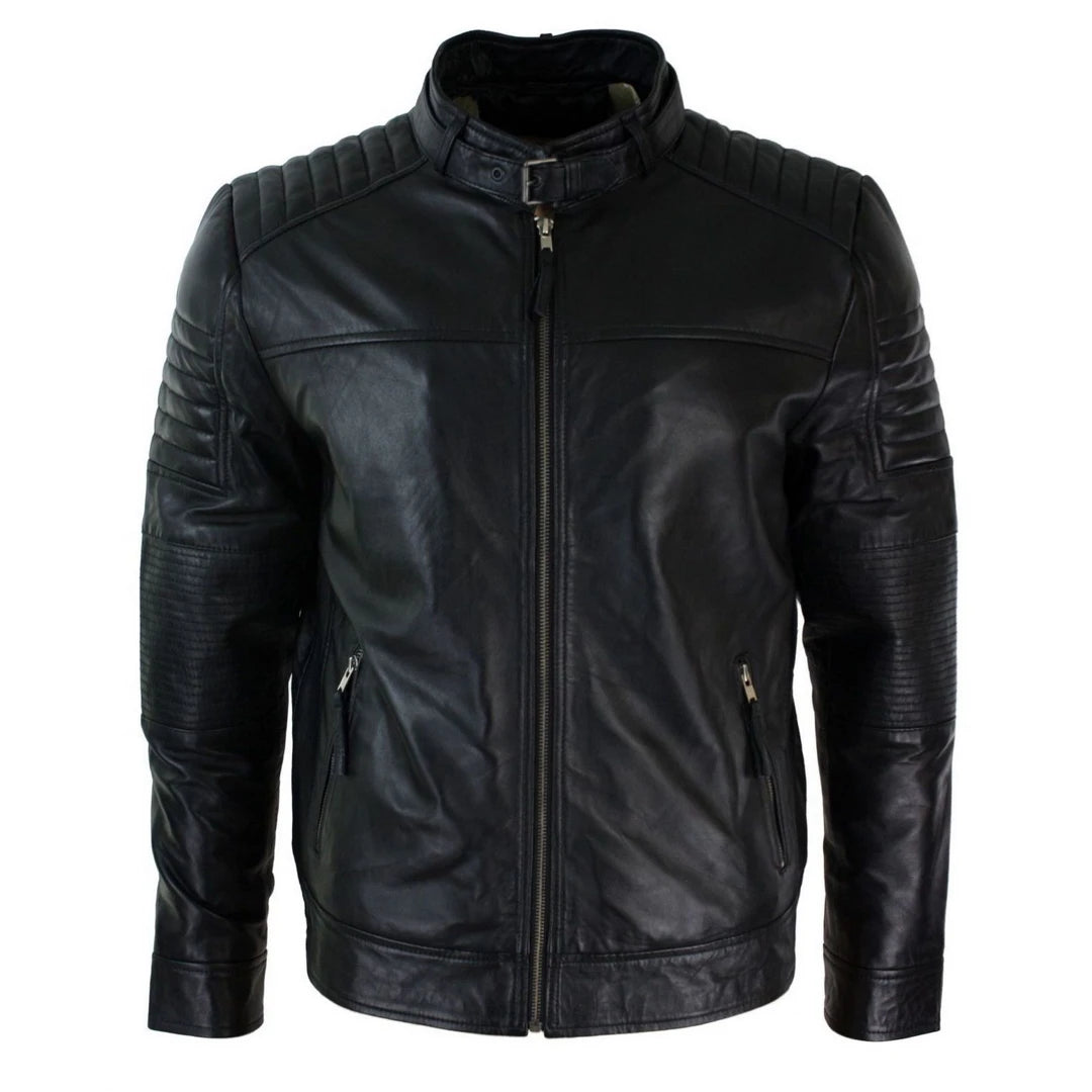 Men's wrinkle-resistant trench coat-Men's Black Leather Cross Zip Biker Racer Jacket