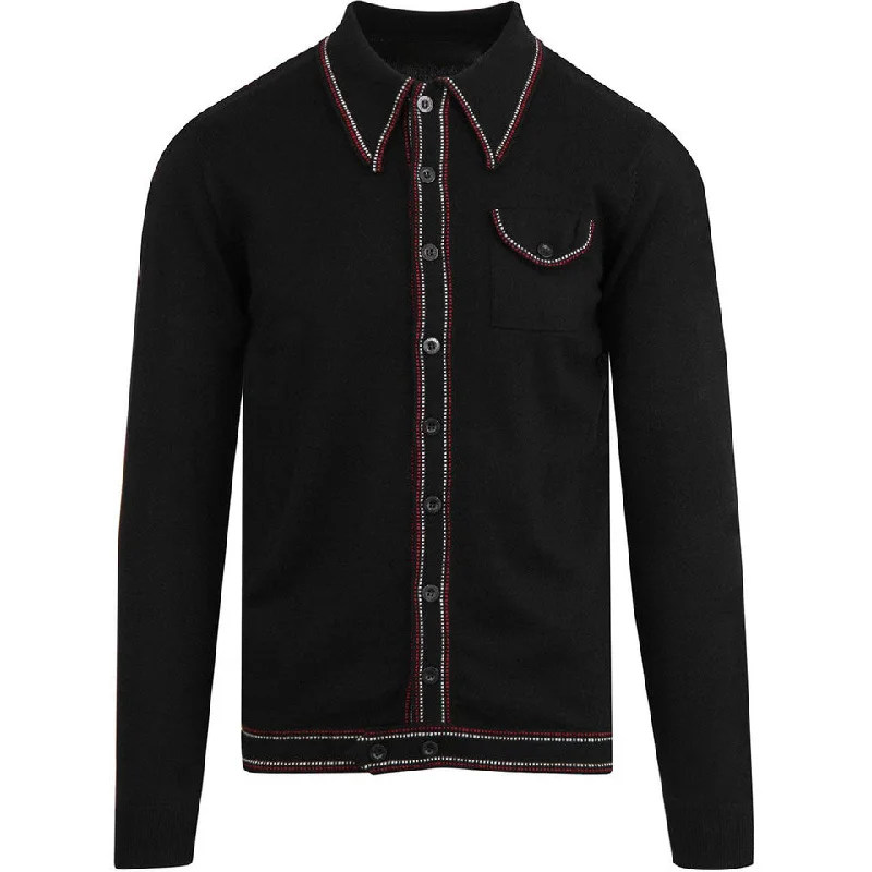 Men's weatherproof office polo shirt-Men's Black Long Sleeve Knitted Polo With Crawdaddy Collar & Bottom