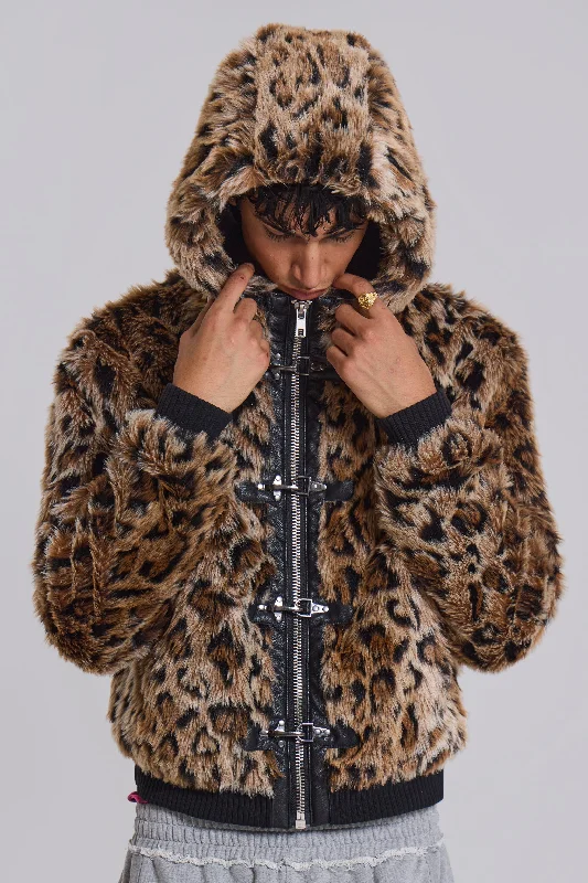 Men's fashion-forward raincoat-Leopard Faux Fur Hooded Mendoza Jacket