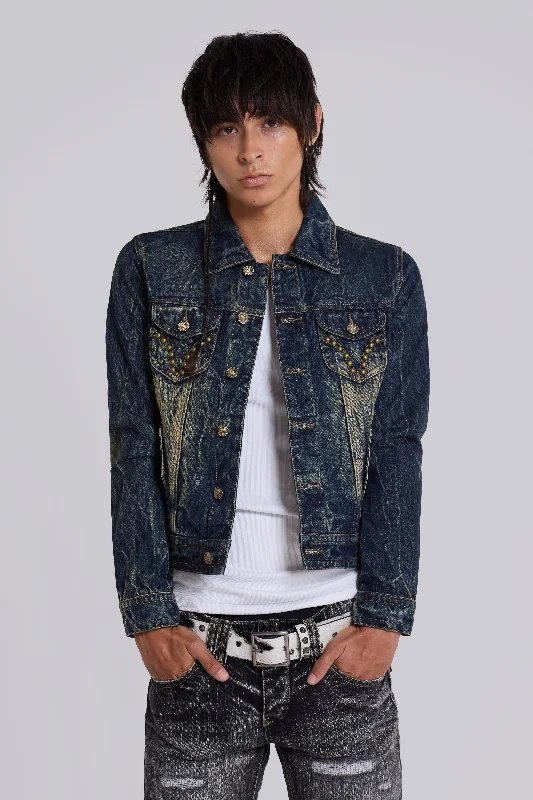 Men's eco-conscious windbreaker-Creased Wash Stud Denim Jacket