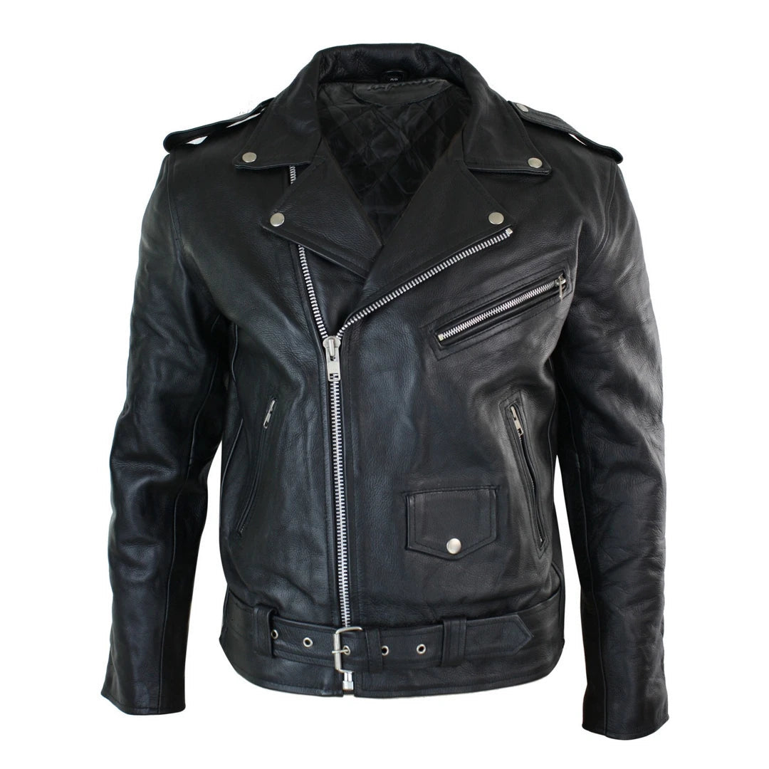 Men's tech-fabric bomber jacket-Men's Cow Hide Original Cross Zip Brando Biker Motorcycle Leather Jacket