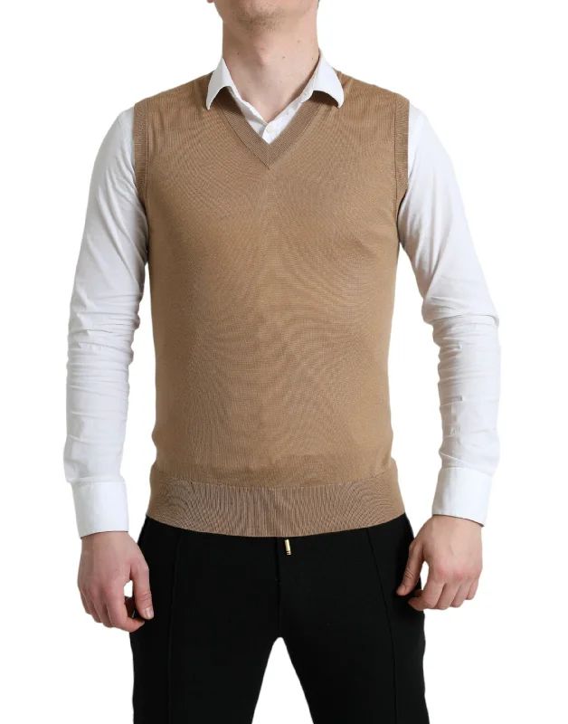 Men's crew neck sweater-Dolce & Gabbana Elegant Sleeveless V-Neck Wool Men's Sweater