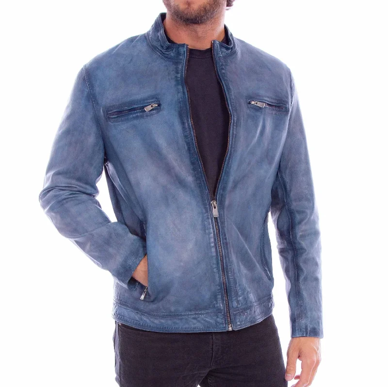 Men's sustainable puffer jacket-Scully Men's Front Zip Leather Jacket in Denim Blue