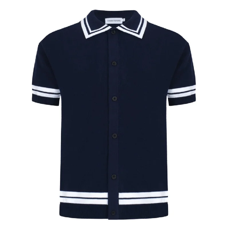 Men's wrinkle-resistant casual polo shirt-Men's Navy Blue Button Knitted Polo With Double Lines Neck