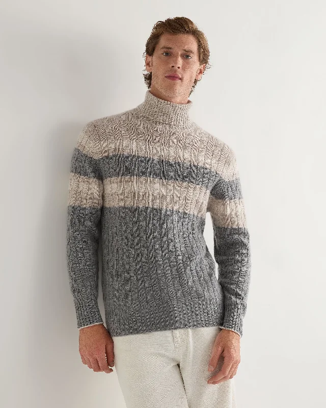 Men's quick-dry knitwear-Men's Berwick Stripe Turtle Neck Cashmere Sweater Grey