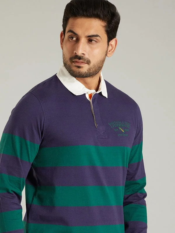 Men's tech-fabric casual wear polo shirt-Men Striped Full Sleeve Polo T-Shirt