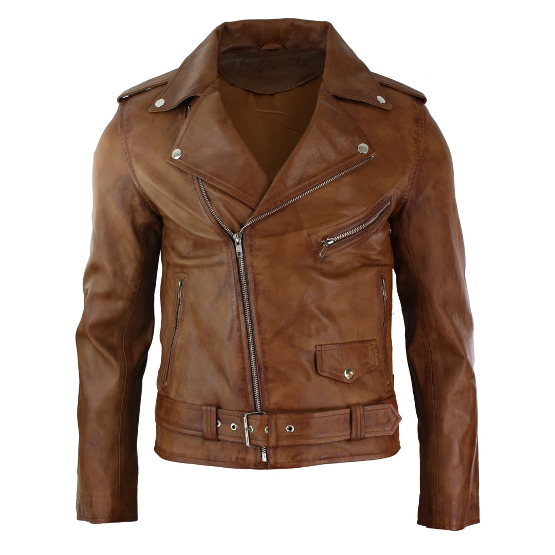 Men's wrinkle-resistant fleece jacket-Men's Cross Zip Tan Brown Brando Soft Leather Jacket