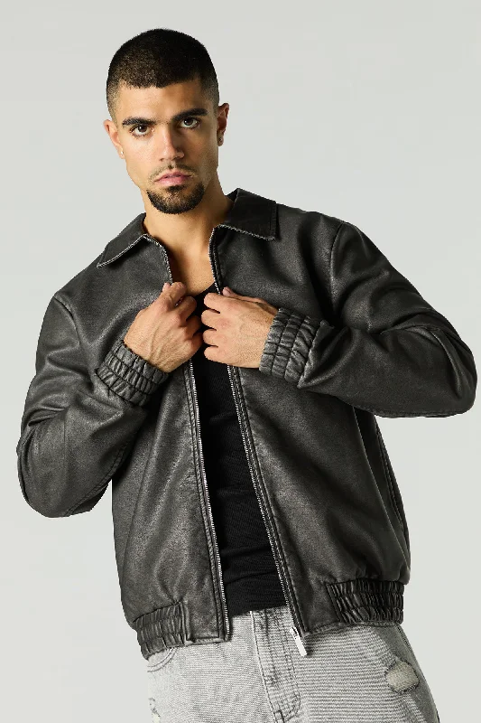 Men's breathable puffer jacket-Faux Leather Collared Bomber Jacket