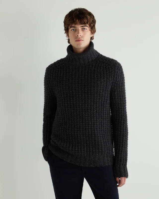 Men's knitwear-Men's Chunky Moss Stitch Turtle Neck Cashmere Sweater Granite Grey